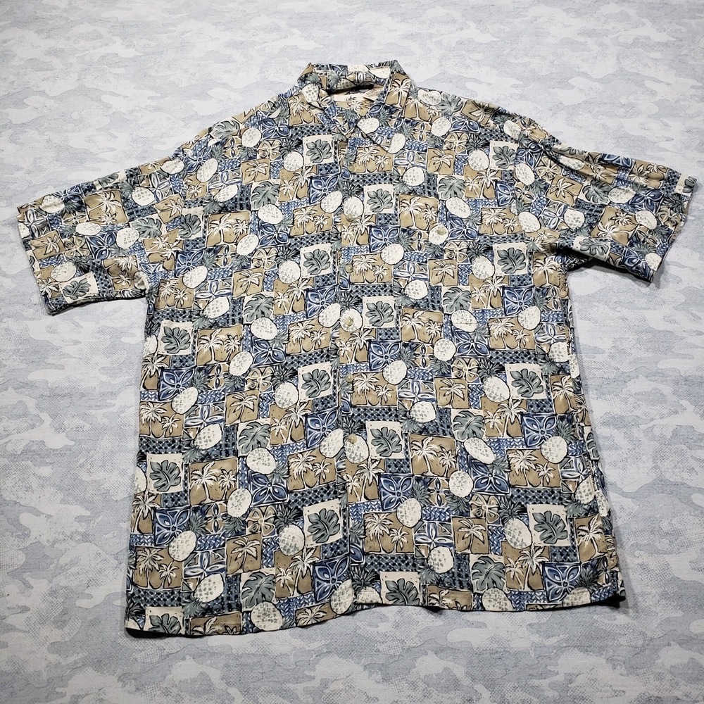 UBC Hawaiian Shirt Mens Large Blue Brown Checked Palm Tree Print Short Sleeve